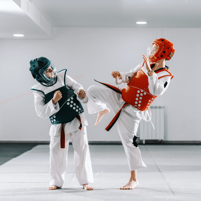 Sporty,Caucasian,Boys,Having,Taekwondo,Training,In,White,Gym.,One